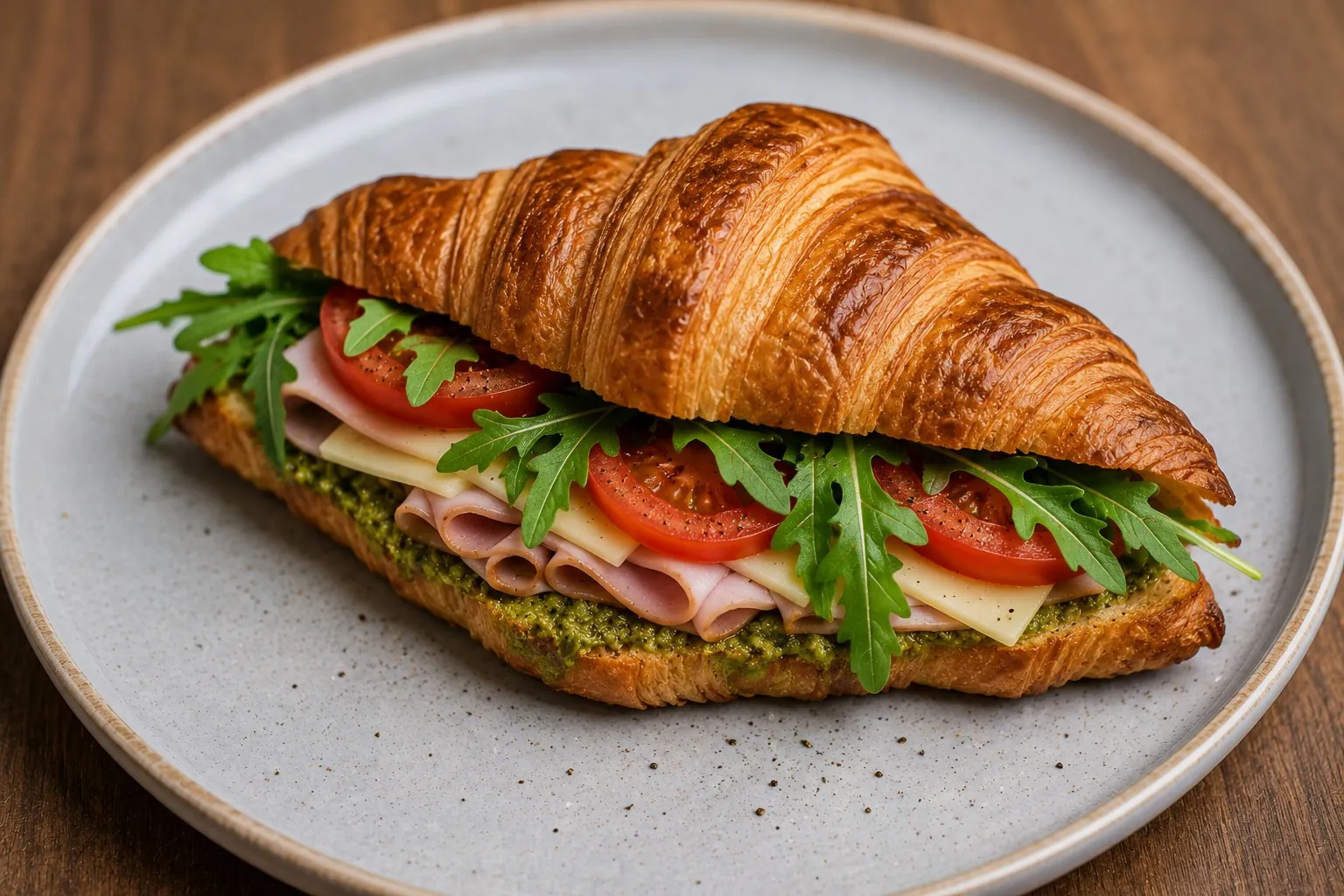 Croissant se šunkou, sýrem a rukolou